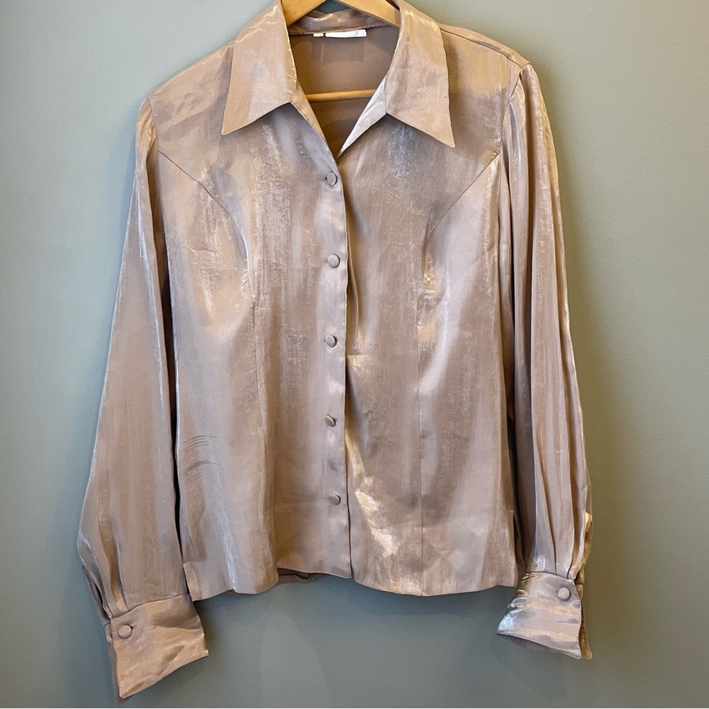 Vintage Blush Pastel Pink Shimmery Button Down Blouse Size EU 48